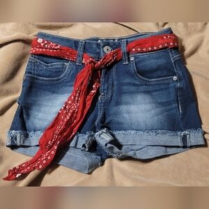 Wallflower Blue Denim Jean Shorts with Red Bandana Belt